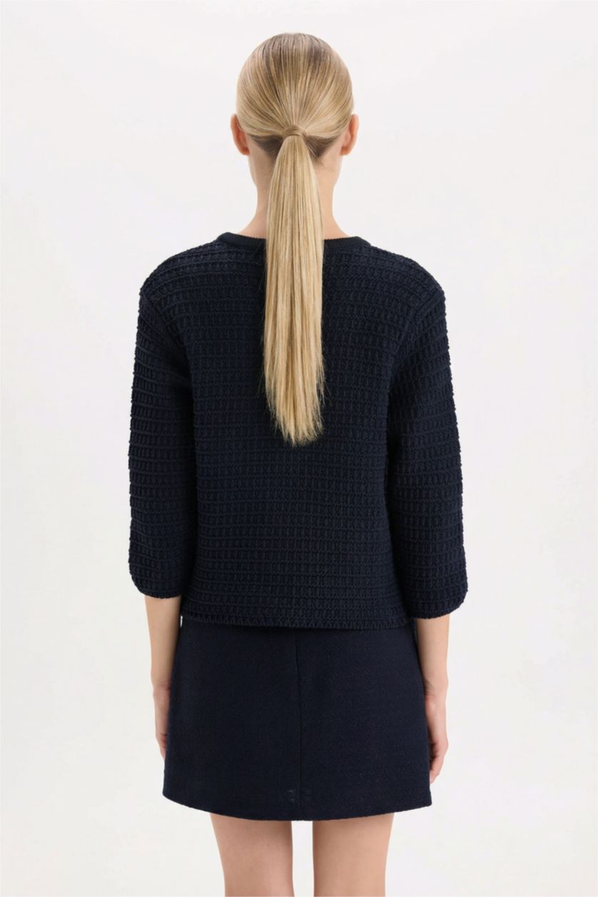 Kadın Lacivert Regular Fit Bisiklet Yaka Dokulu Düğmeli Triko Hırka