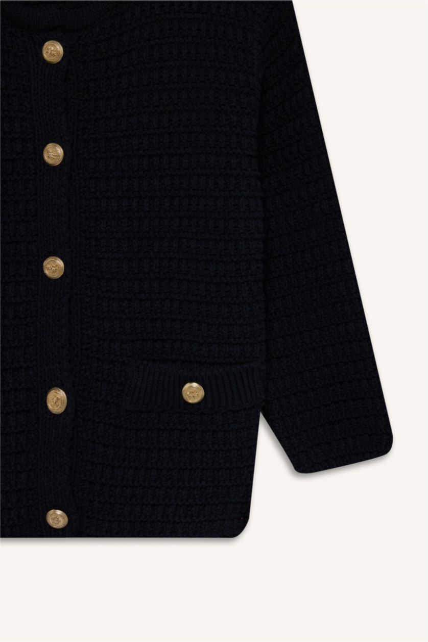 Kadın Lacivert Regular Fit Bisiklet Yaka Dokulu Düğmeli Triko Hırka