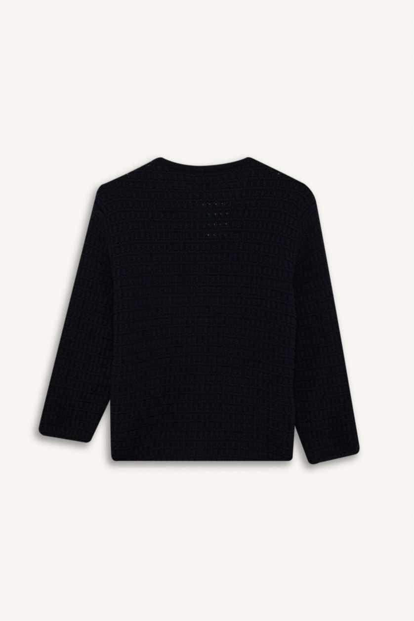 Kadın Lacivert Regular Fit Bisiklet Yaka Dokulu Düğmeli Triko Hırka