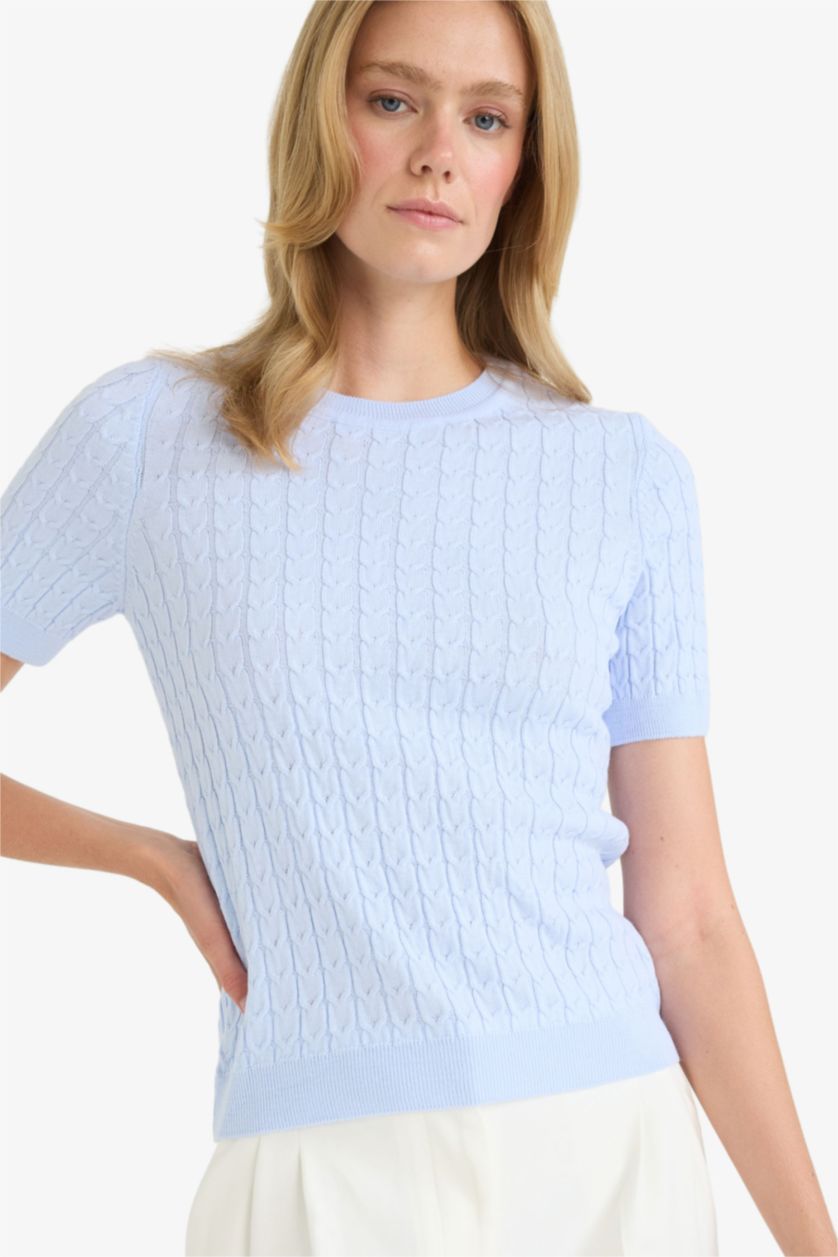 WOMAN Light Blue Regular Fit Crew Neck Pullover