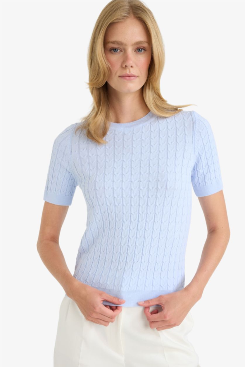 WOMAN Light Blue Regular Fit Crew Neck Pullover