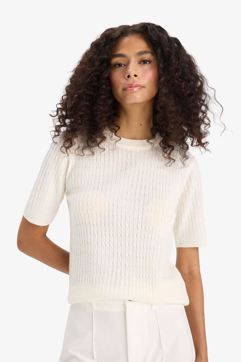 WOMAN Ecru Regular Fit Crew Neck Knit Pullover