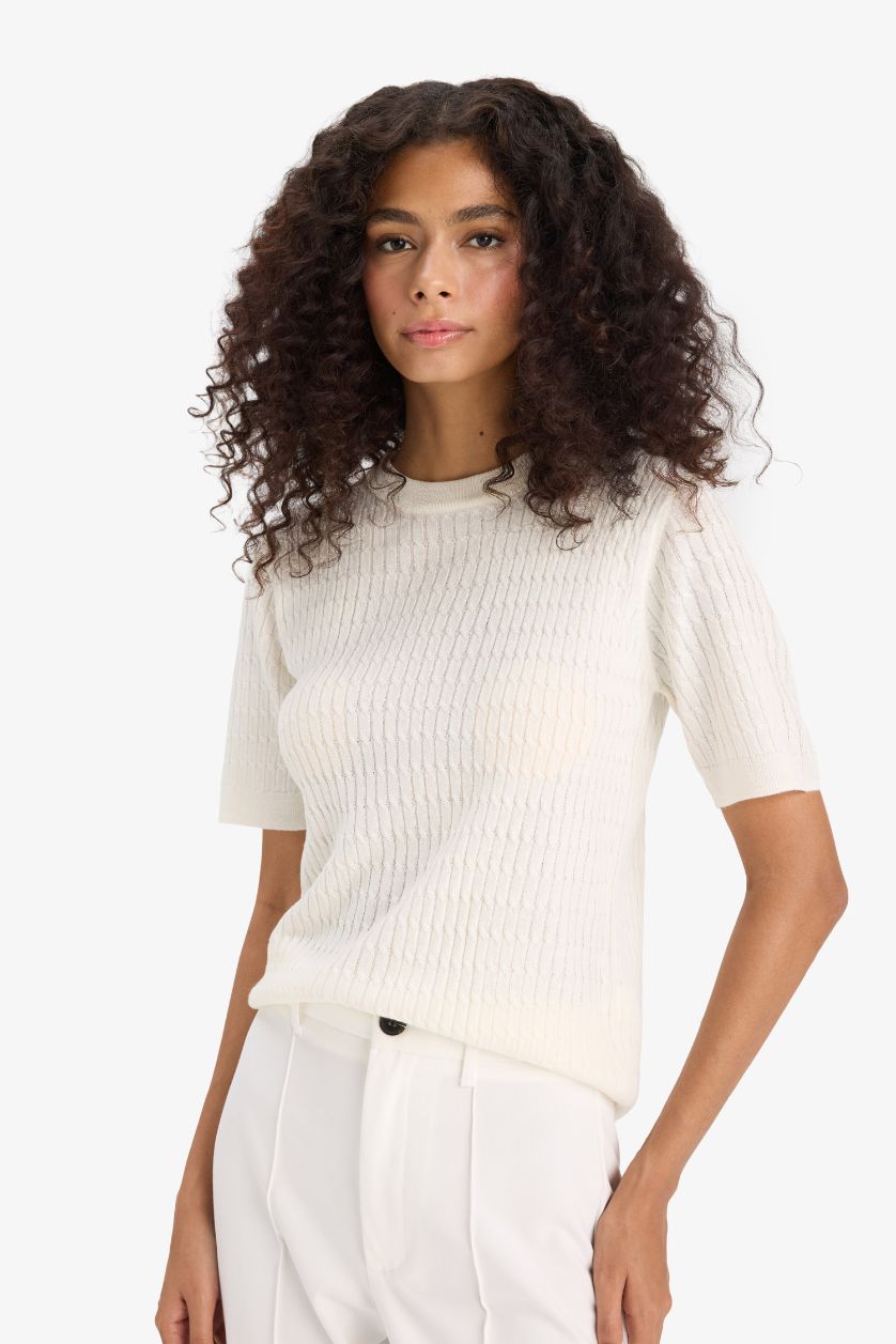 WOMAN Ecru Regular Fit Crew Neck Knit Pullover