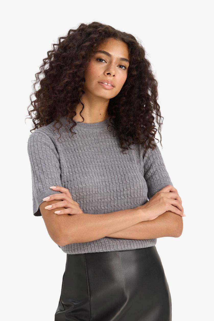 Әйелдерге Сұр Меланж қалыпты пішім дөңгелек жаға трикотаж Пулловер