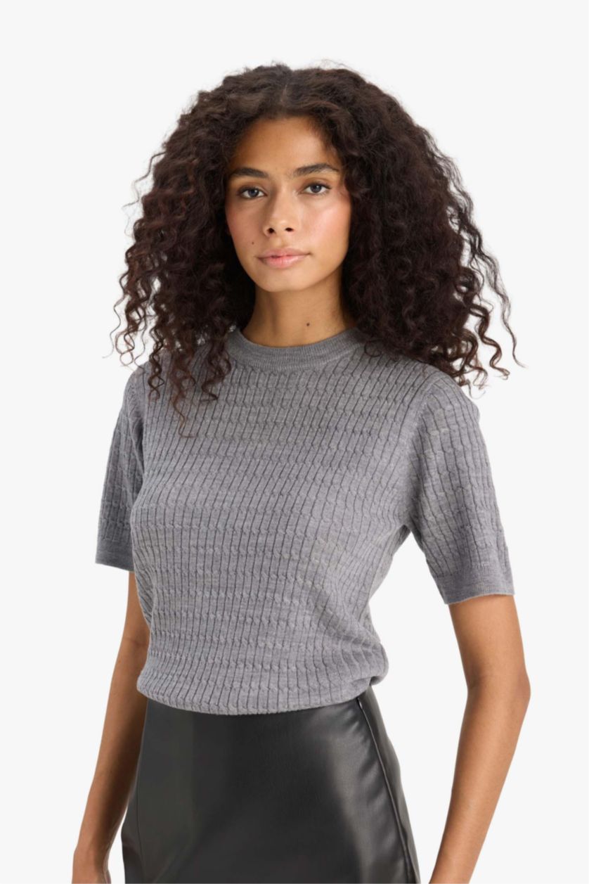 FEMME Gris Pull tricot à col rond et manches courtes Coupe régulière