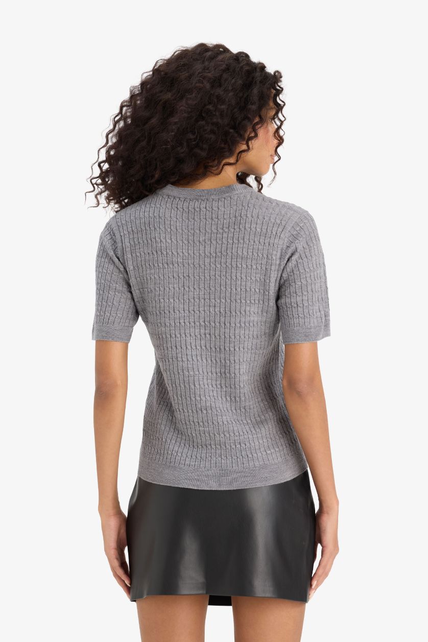 Әйелдерге Сұр Меланж қалыпты пішім дөңгелек жаға трикотаж Пулловер