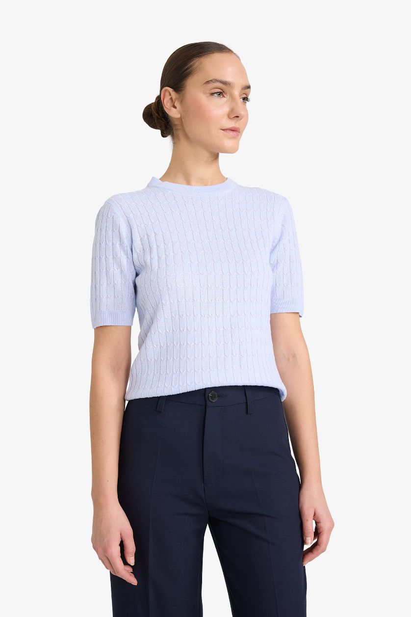 Woman Light Blue Regular Fit Crew Neck Pullover