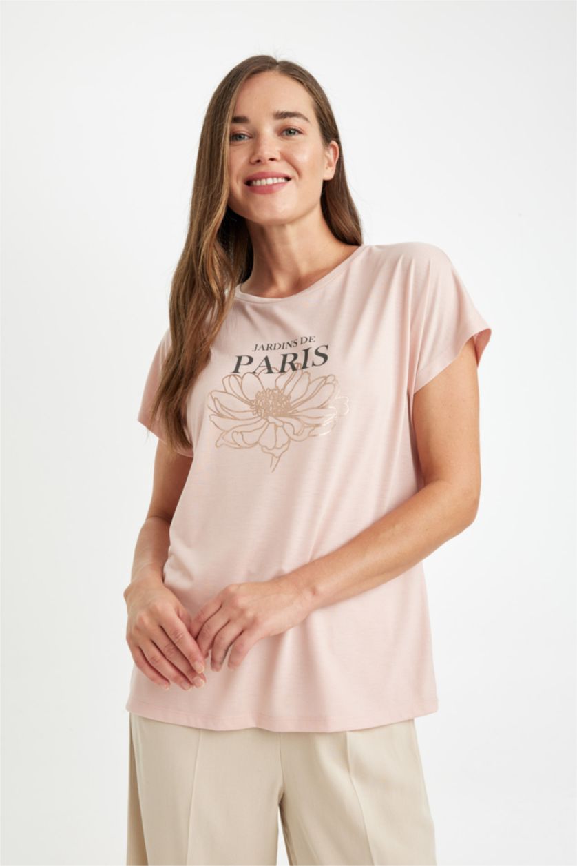 FEMME Bordeaux T-shirt imprimé à col rond et à manches courtes