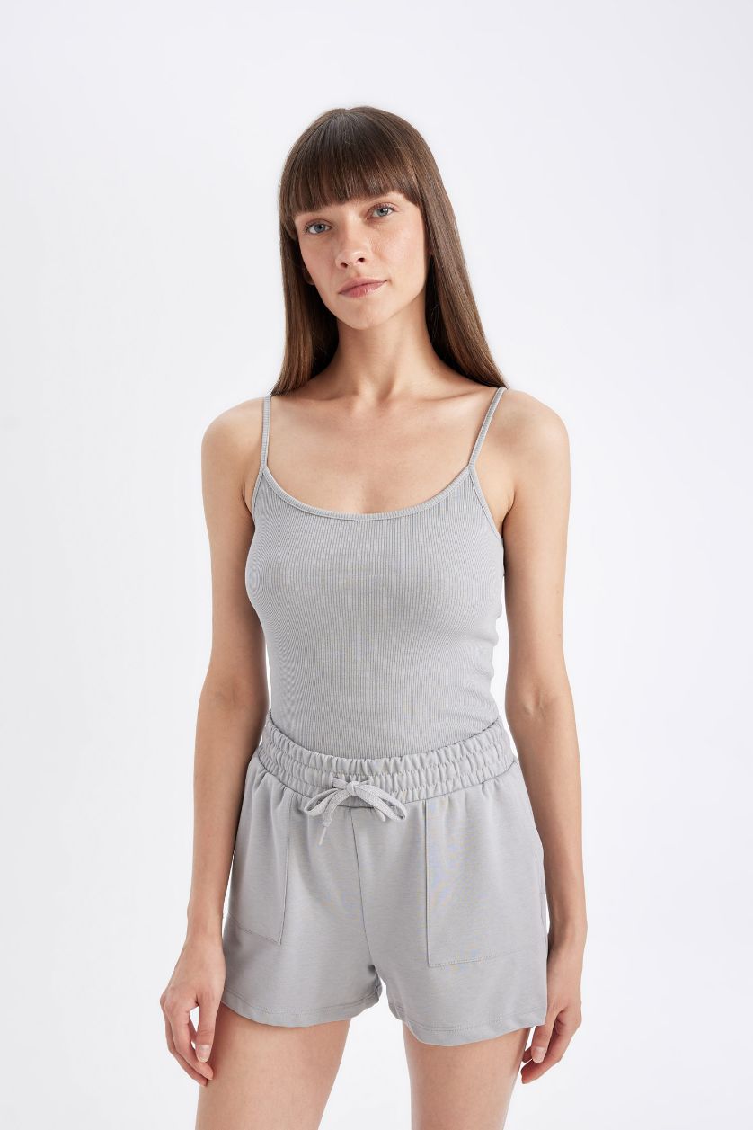 Kadın Açık Gri Regular Fit Yuvarlak Yaka Fitilli Kaşkorse Basic Düz Atlet