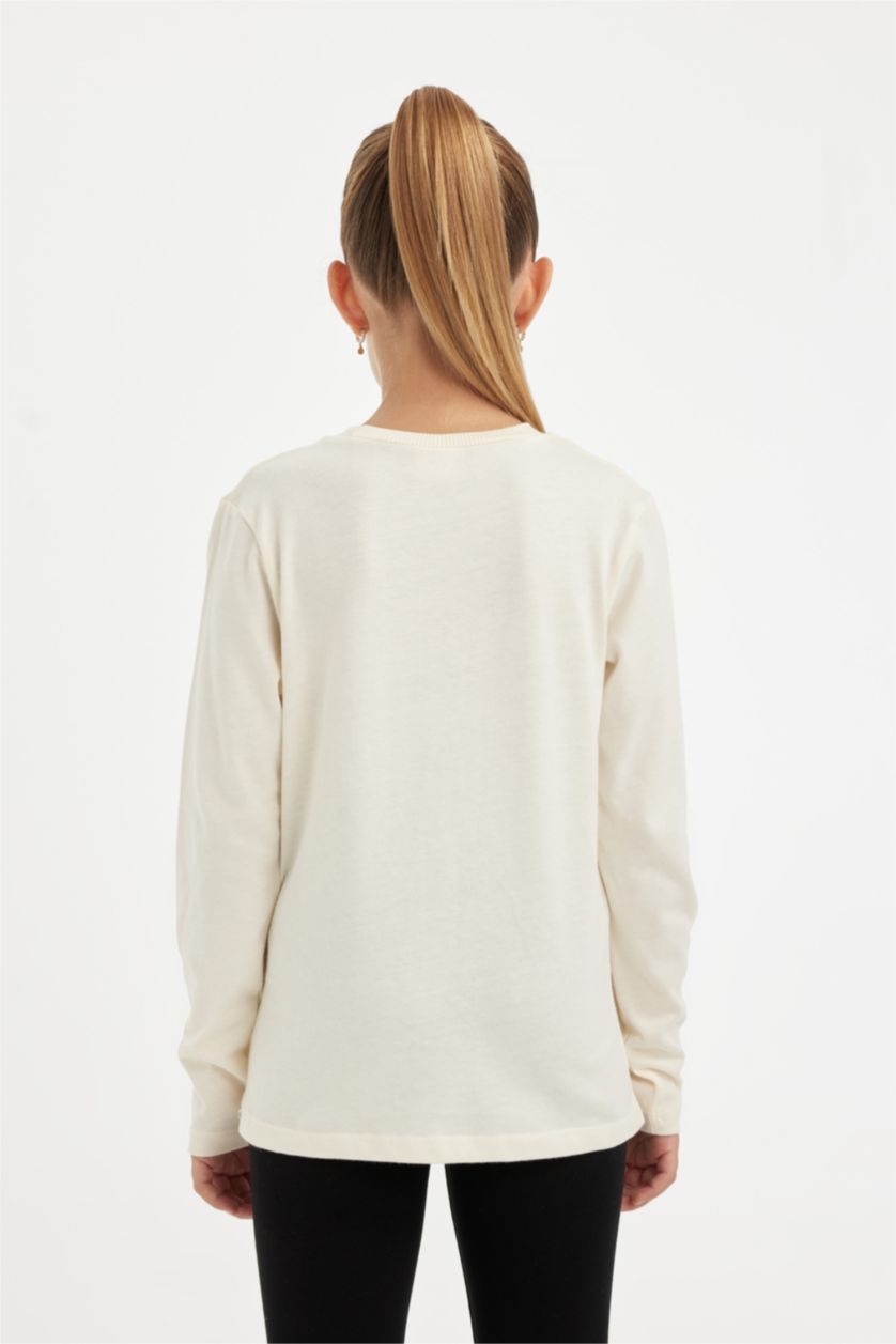 Kız Çocuk - Genç Kız Ekru Relax Fit Bisiklet Yaka Baskılı Uzun Kollu Tişört Kız Çocuk