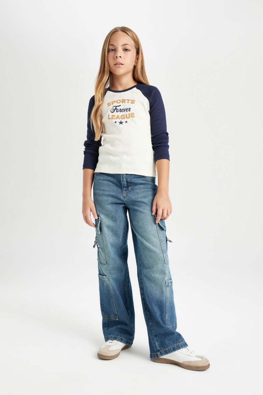 GIRLS & TEENS Ecru Girl Crew Neck Printed Ribbed Crop T-Shirt