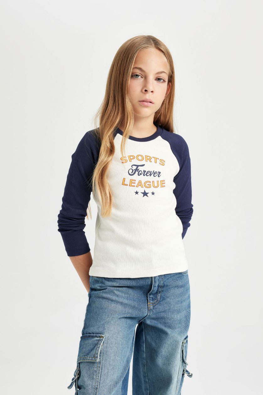 GIRLS & TEENS Ecru Girl Crew Neck Printed Ribbed Crop T-Shirt