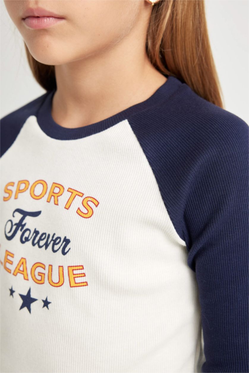 GIRLS & TEENS Ecru Girl Crew Neck Printed Ribbed Crop T-Shirt