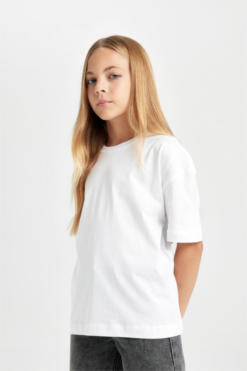 GIRLS & TEENS Violet Beyaz Girl Oversize Crew Neck Basic T-Shirt