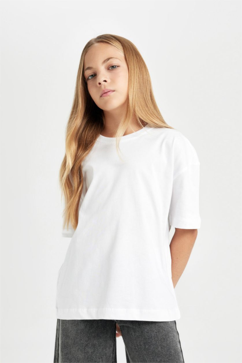 GIRLS & TEENS Violet Beyaz Girl Oversize Crew Neck Basic T-Shirt