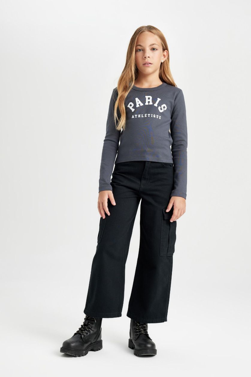 بناتي أنثرا تيشيرت كروب بناتي كم طويل مضلع بطبعة شعار برقبة مستديرة - قطعتين