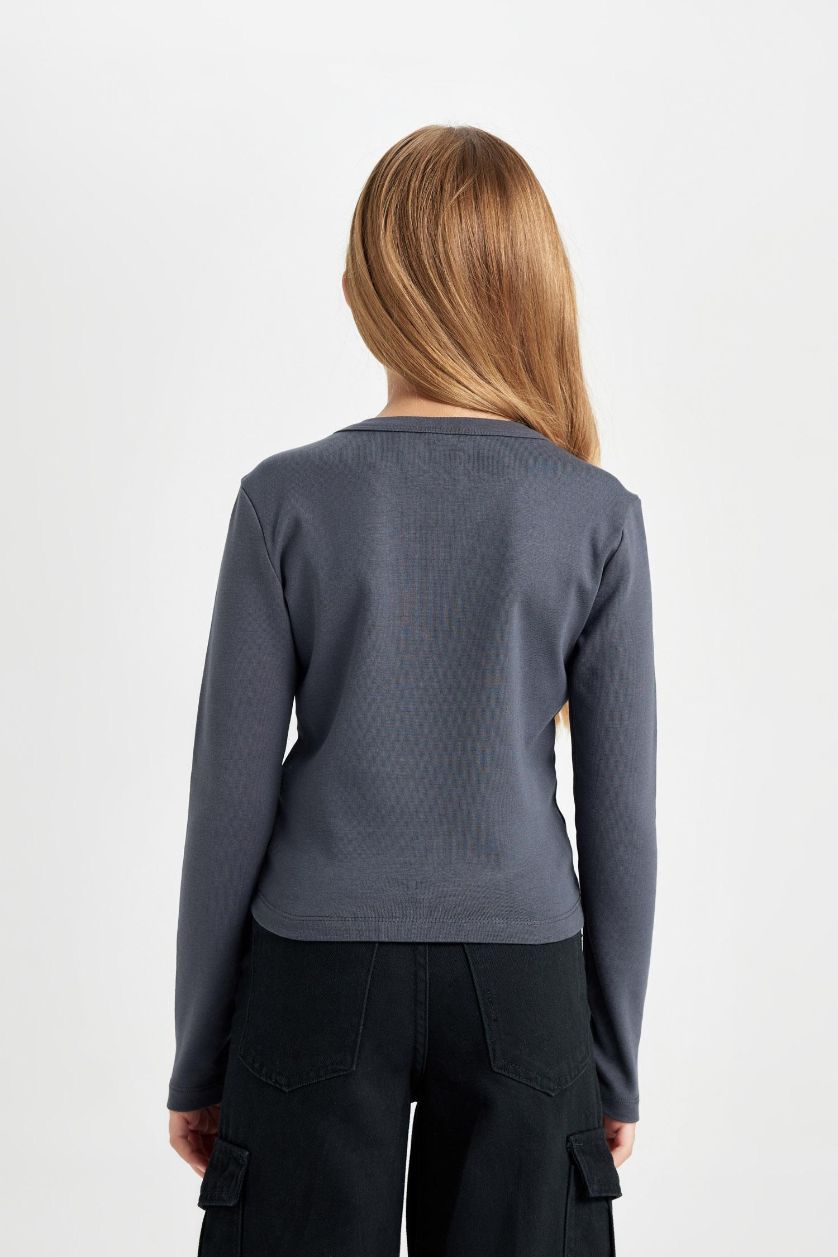 بناتي أنثرا تيشيرت كروب بناتي كم طويل مضلع بطبعة شعار برقبة مستديرة - قطعتين