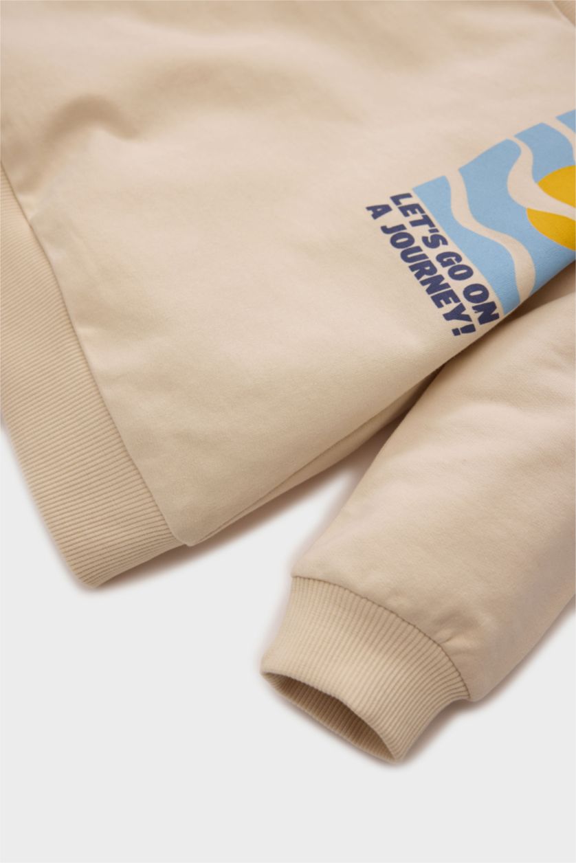 Erkek Bebek Bej Erkek Bebek 2'li Takım Baskılı Sweatshirt Beli Paçası Lastikli Alt