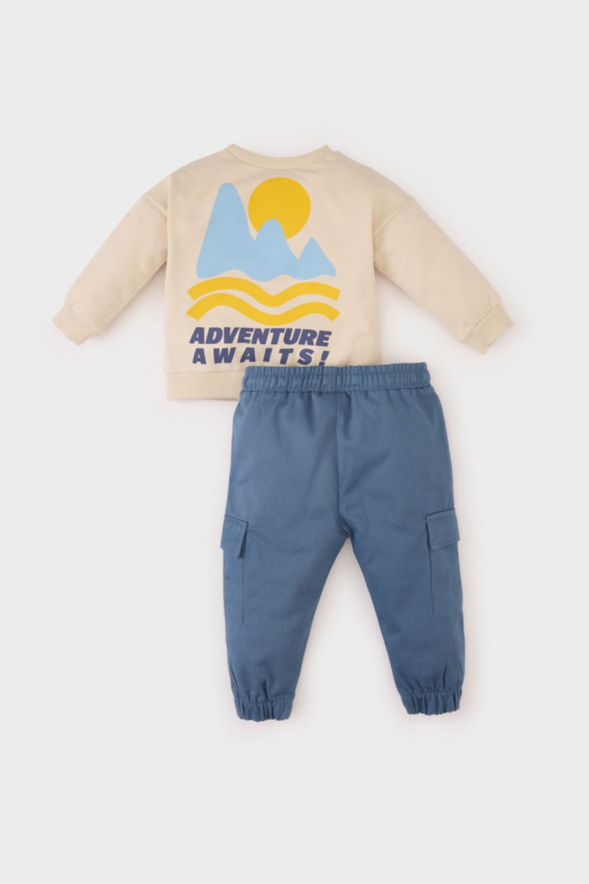 Erkek Bebek Bej Erkek Bebek 2'li Takım Baskılı Sweatshirt Beli Paçası Lastikli Alt