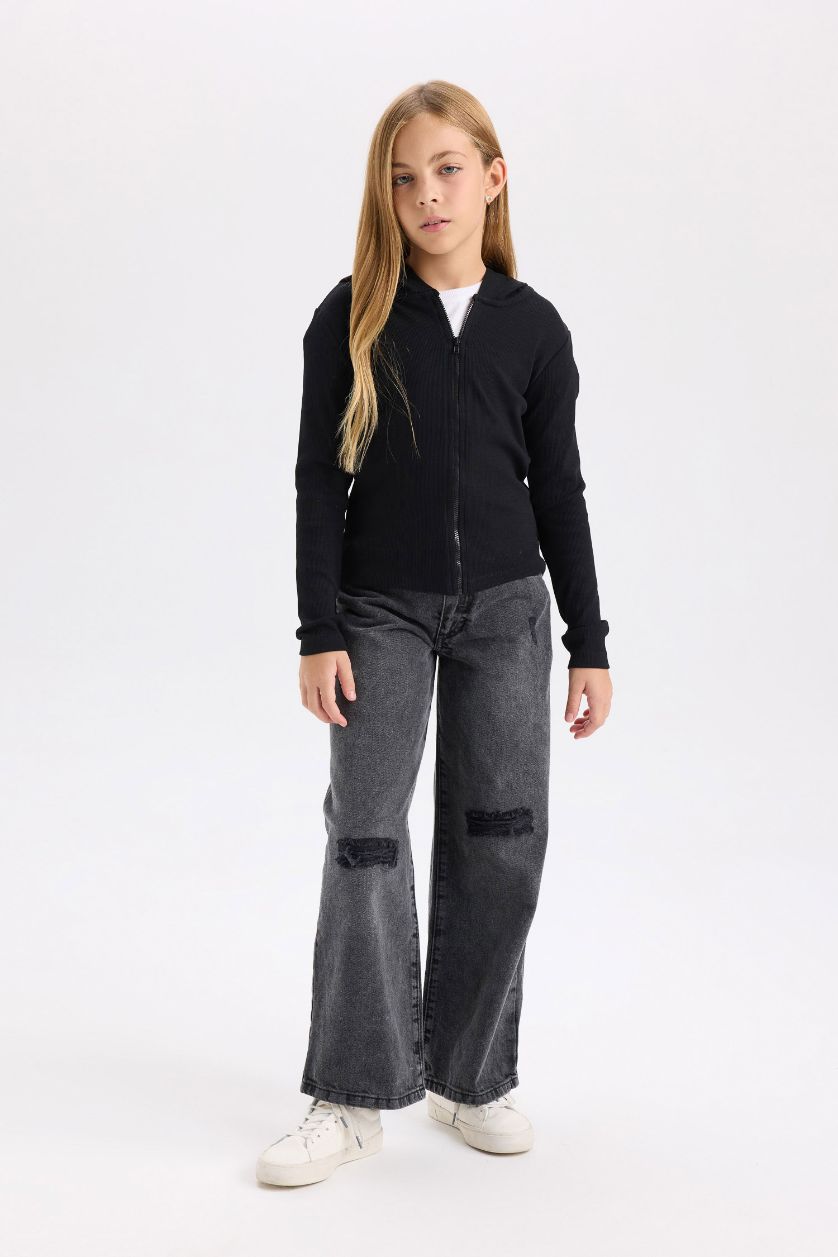 FILLES Noir Sweat à capuche zippé à coupe régulière