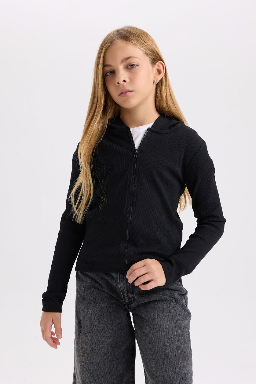 FILLES Noir Sweat à capuche zippé à coupe régulière