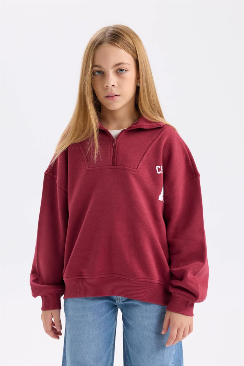 Kız Çocuk - Genç Kız Bordo Kız Çocuk Oversize Geniş Kalıp Fermuarlı Dik Yaka Baskılı İçi Yumuşak Tüylü Sweatshirt
