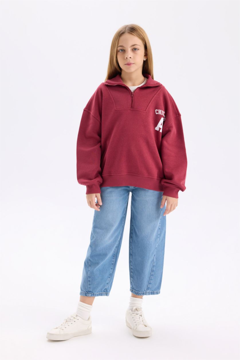 Kız Çocuk - Genç Kız Bordo Kız Çocuk Oversize Geniş Kalıp Fermuarlı Dik Yaka Baskılı İçi Yumuşak Tüylü Sweatshirt