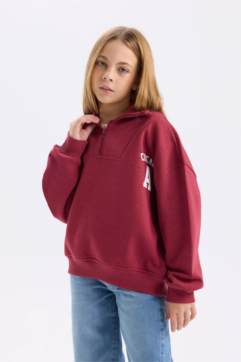 Kız Çocuk - Genç Kız Bordo Kız Çocuk Oversize Geniş Kalıp Fermuarlı Dik Yaka Baskılı İçi Yumuşak Tüylü Sweatshirt