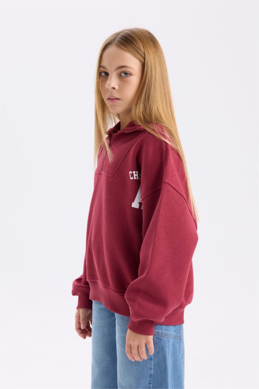 Kız Çocuk - Genç Kız Bordo Kız Çocuk Oversize Geniş Kalıp Fermuarlı Dik Yaka Baskılı İçi Yumuşak Tüylü Sweatshirt