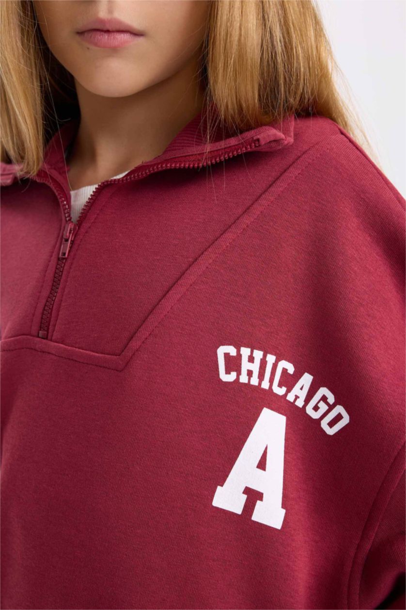 Kız Çocuk - Genç Kız Bordo Kız Çocuk Oversize Geniş Kalıp Fermuarlı Dik Yaka Baskılı İçi Yumuşak Tüylü Sweatshirt