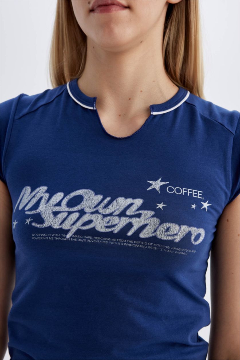 Kadın Lacivert Fıtted Bisiklet Yaka Baskılı Kısa Kollu Tişört