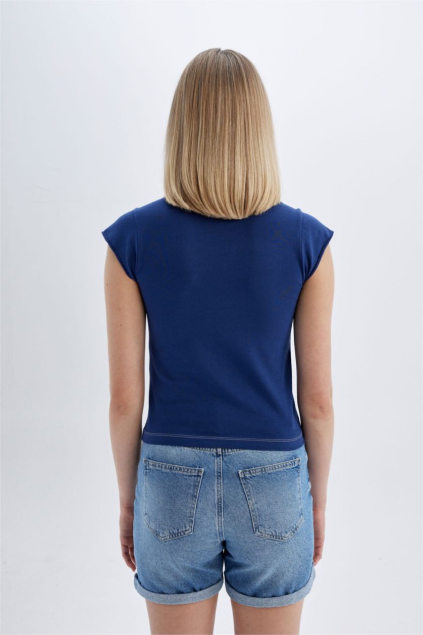 Kadın Lacivert Fıtted Bisiklet Yaka Baskılı Kısa Kollu Tişört