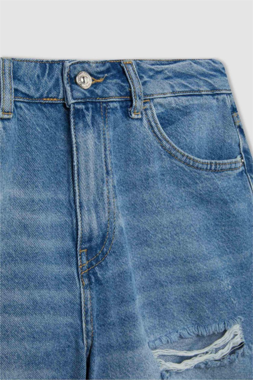 Kadın Lacivert Fıtted Bisiklet Yaka Baskılı Kısa Kollu Tişört