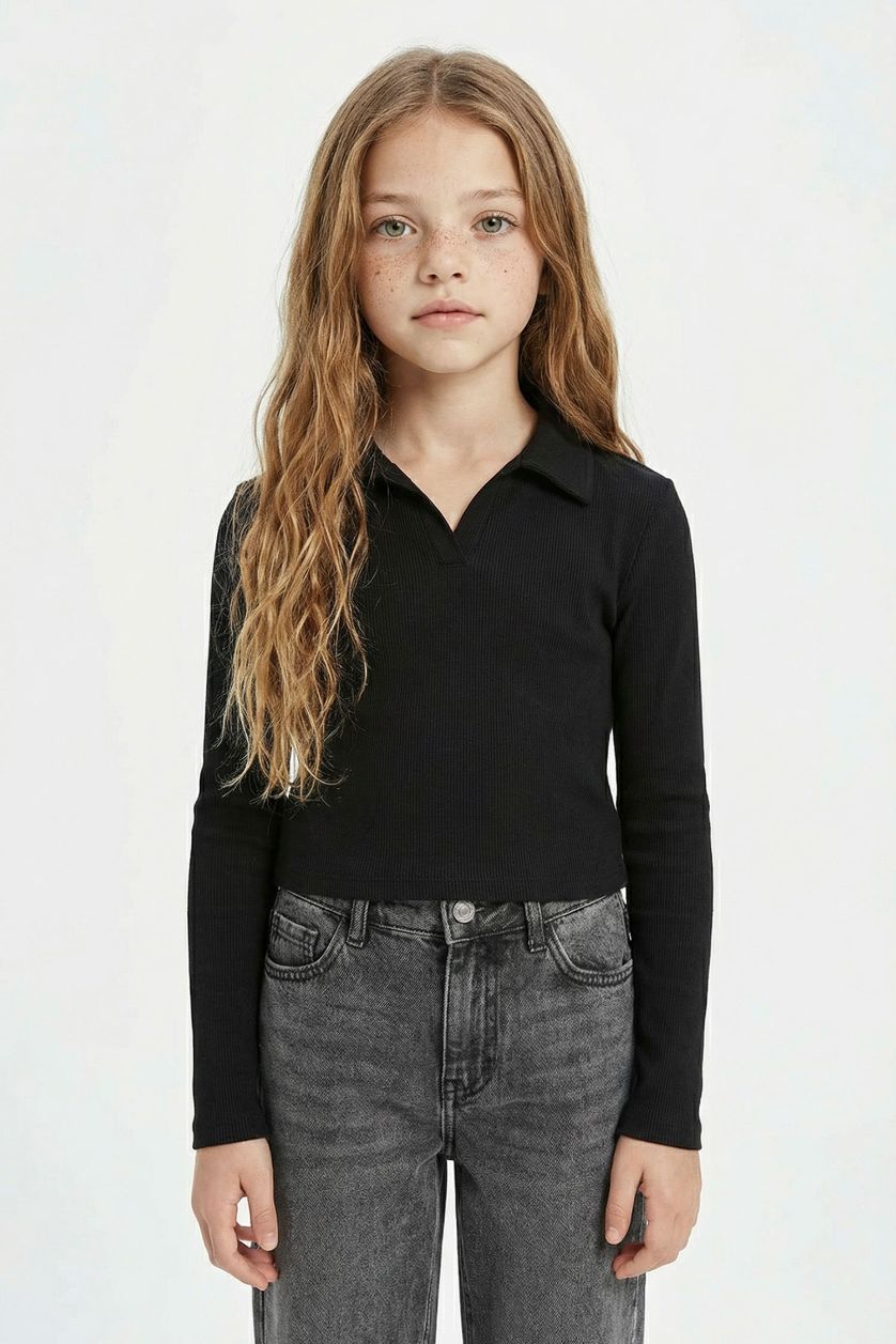 FILLES Noir T-shirt Polo crop top en côtelé à manches longues pour fille