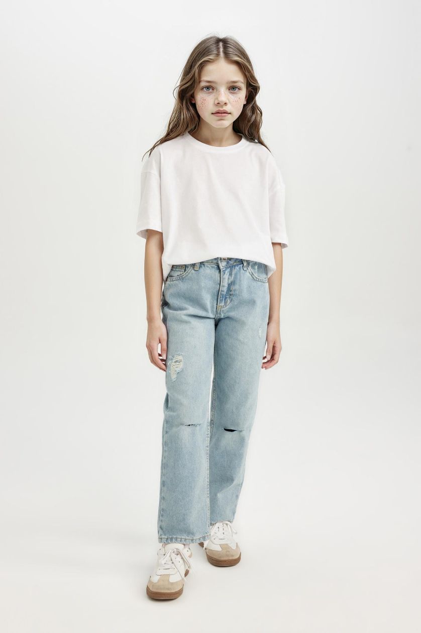 GIRLS & TEENS Blue Girl Straight Fit Ripped Detailed Pocketed Jeans