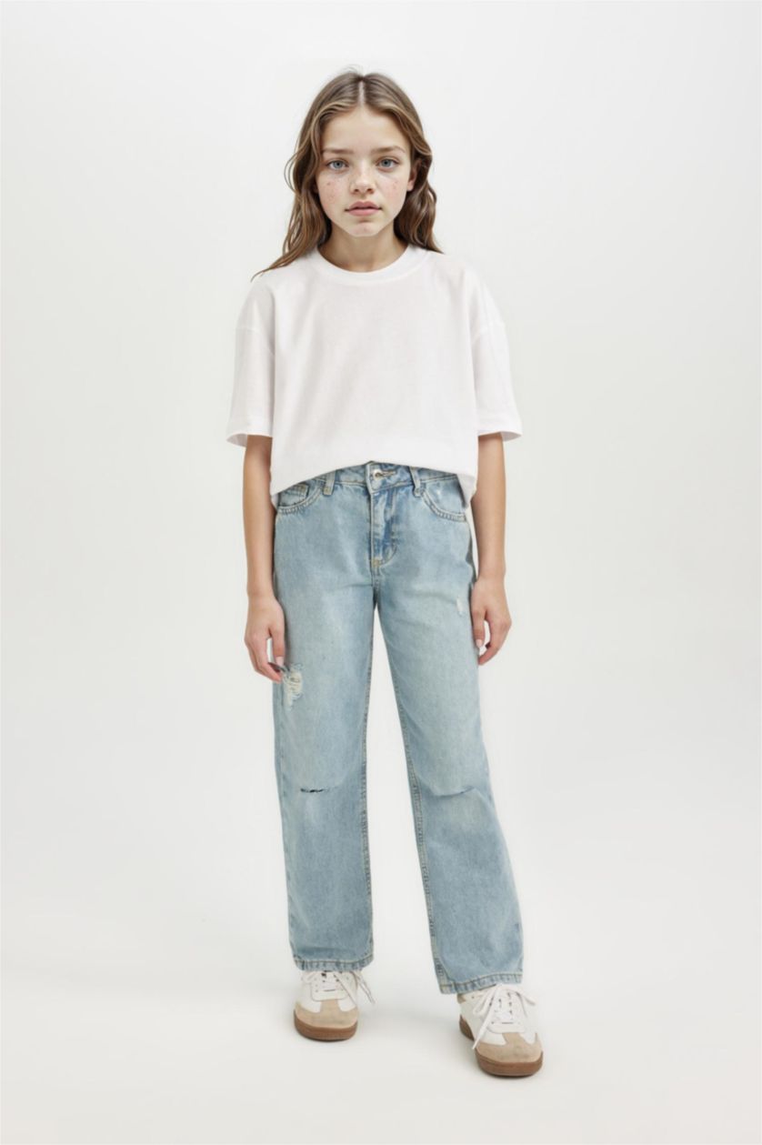 GIRLS & TEENS Blue Girl Straight Fit Ripped Detailed Pocketed Jeans