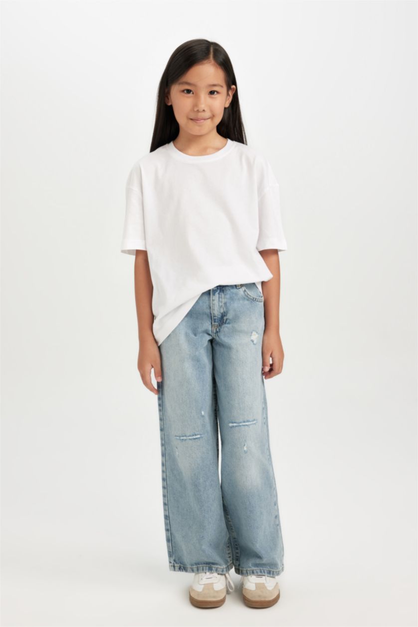 Kız Çocuk - Genç Kız Mavi Kız Çocuk Wide Leg Jean Pantolon Yırtık Detaylı Cepli Geniş Bol Paça