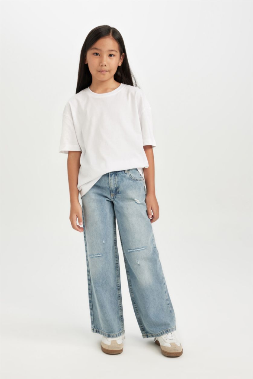 Kız Çocuk - Genç Kız Mavi Kız Çocuk Wide Leg Jean Pantolon Yırtık Detaylı Cepli Geniş Bol Paça