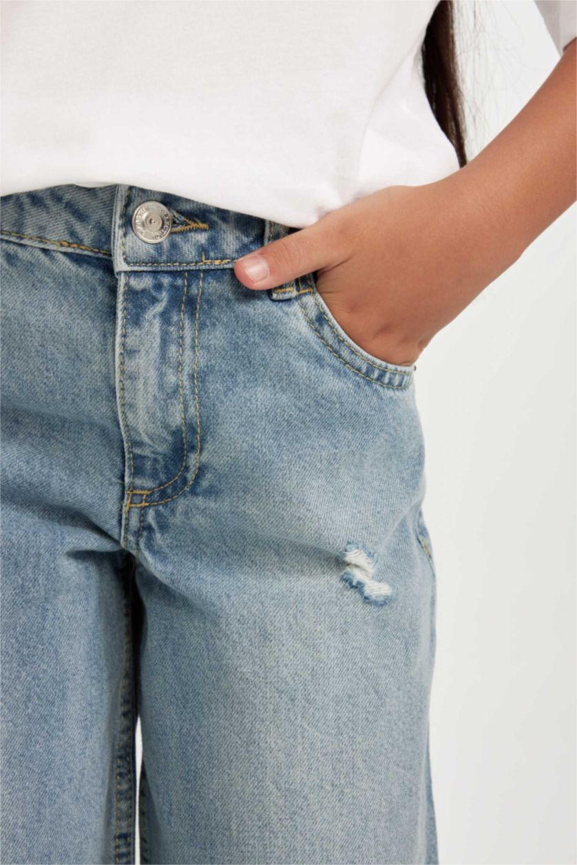 Kız Çocuk - Genç Kız Mavi Kız Çocuk Wide Leg Jean Pantolon Yırtık Detaylı Cepli Geniş Bol Paça