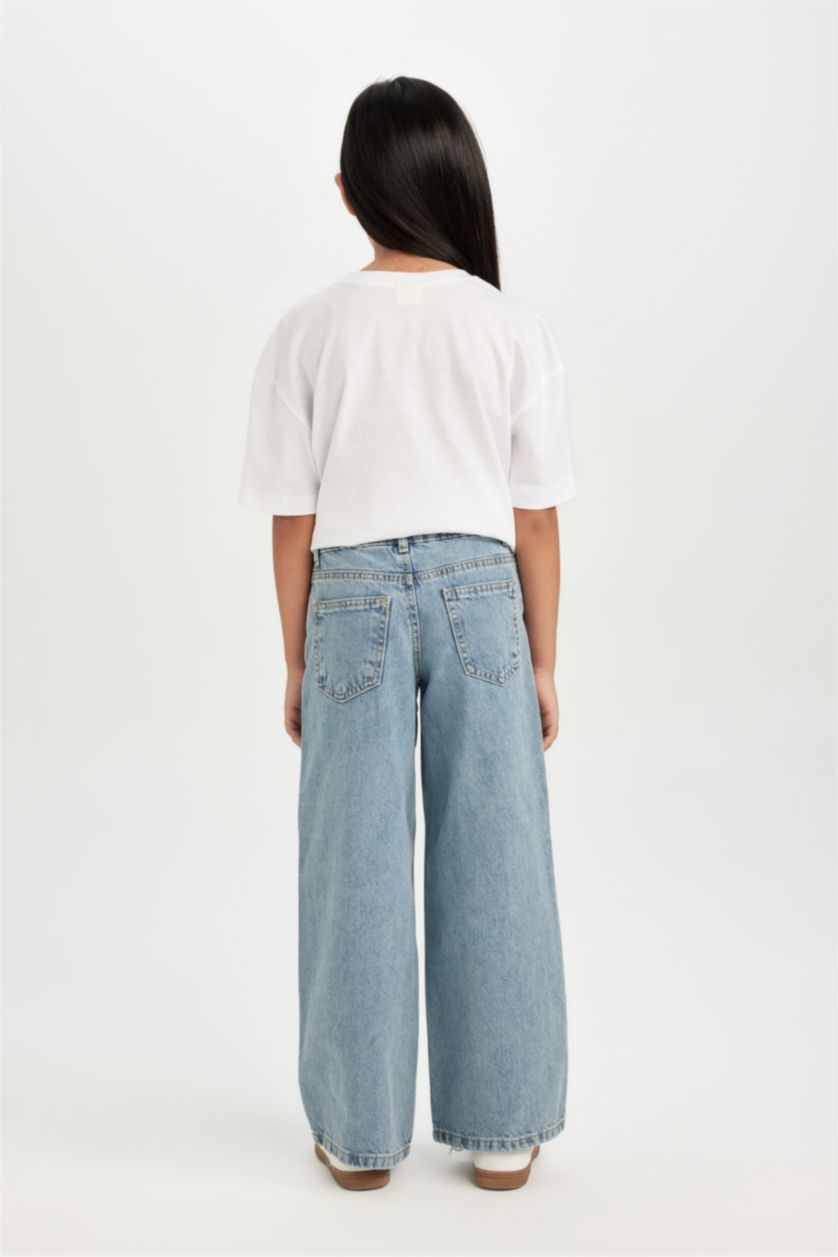 Kız Çocuk - Genç Kız Mavi Kız Çocuk Wide Leg Jean Pantolon Yırtık Detaylı Cepli Geniş Bol Paça