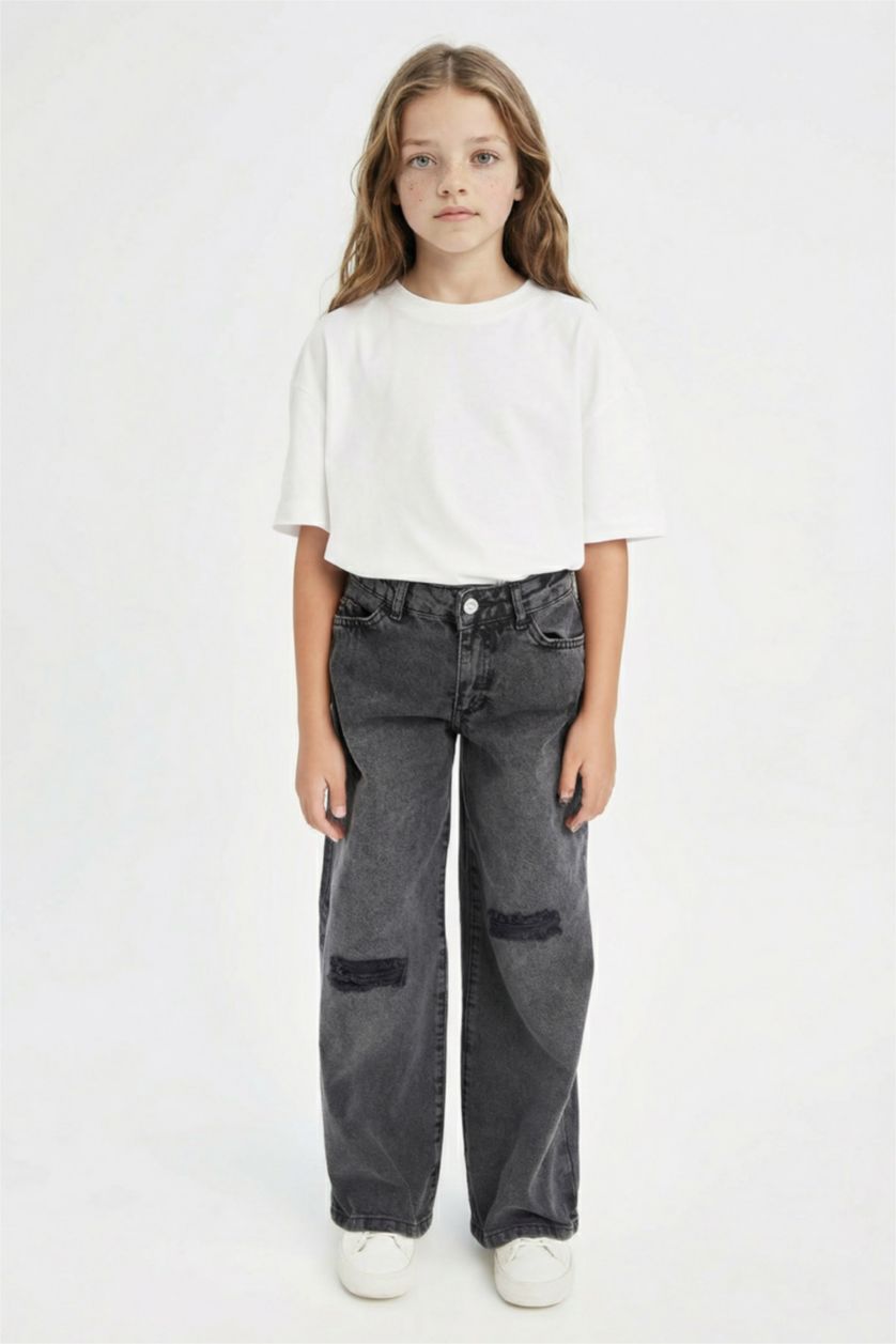 Kız Çocuk - Genç Kız Antrasit Kız Çocuk Wide Leg Jean Pantolon Yırtık Detaylı Geniş Bol Paça Cepli Antrasit