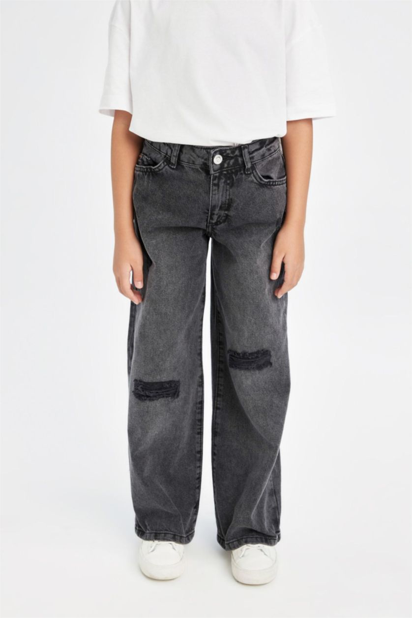 Kız Çocuk - Genç Kız Antrasit Kız Çocuk Wide Leg Jean Pantolon Yırtık Detaylı Geniş Bol Paça Cepli Antrasit
