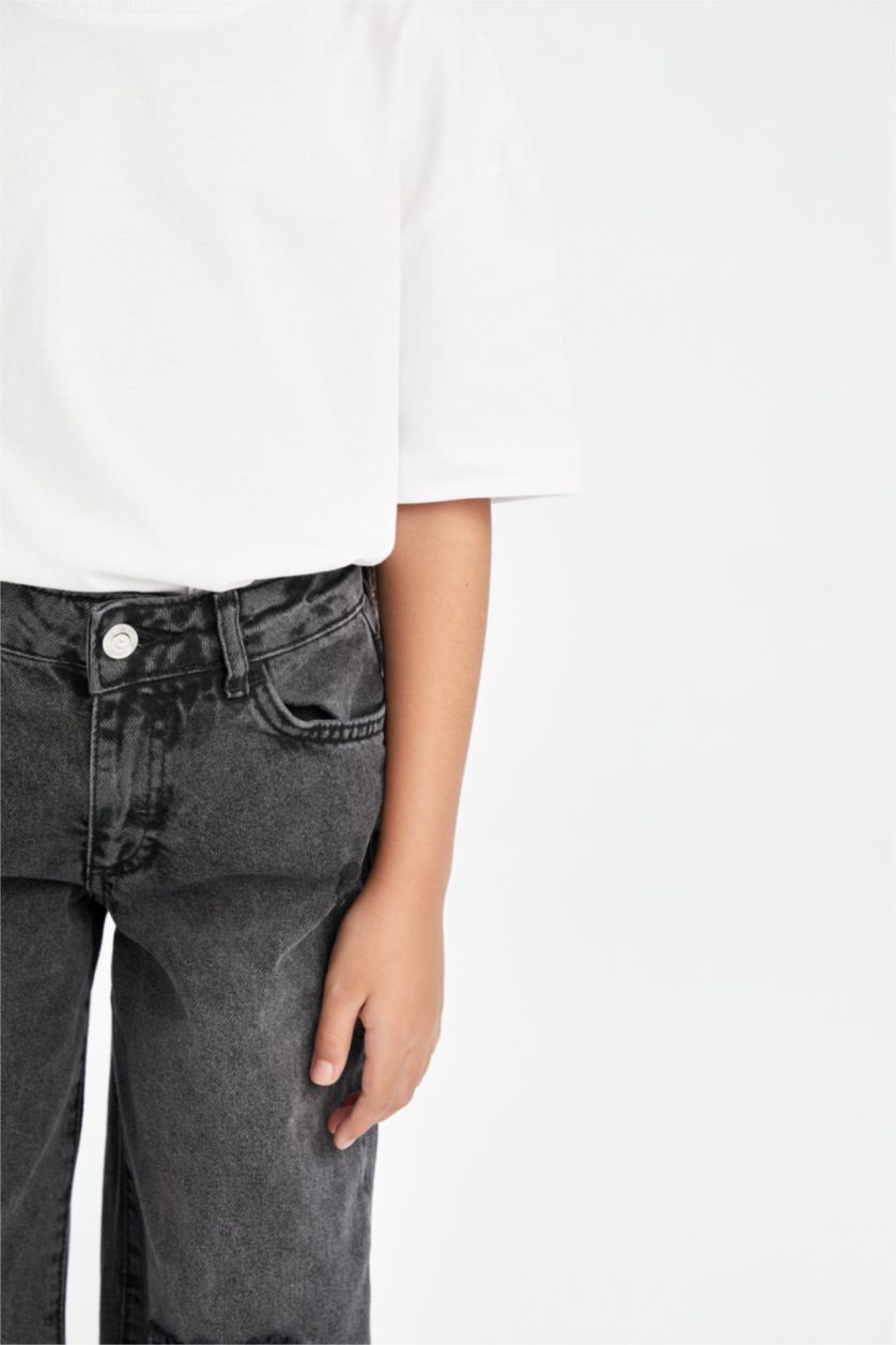 Kız Çocuk - Genç Kız Antrasit Kız Çocuk Wide Leg Jean Pantolon Yırtık Detaylı Geniş Bol Paça Cepli Antrasit