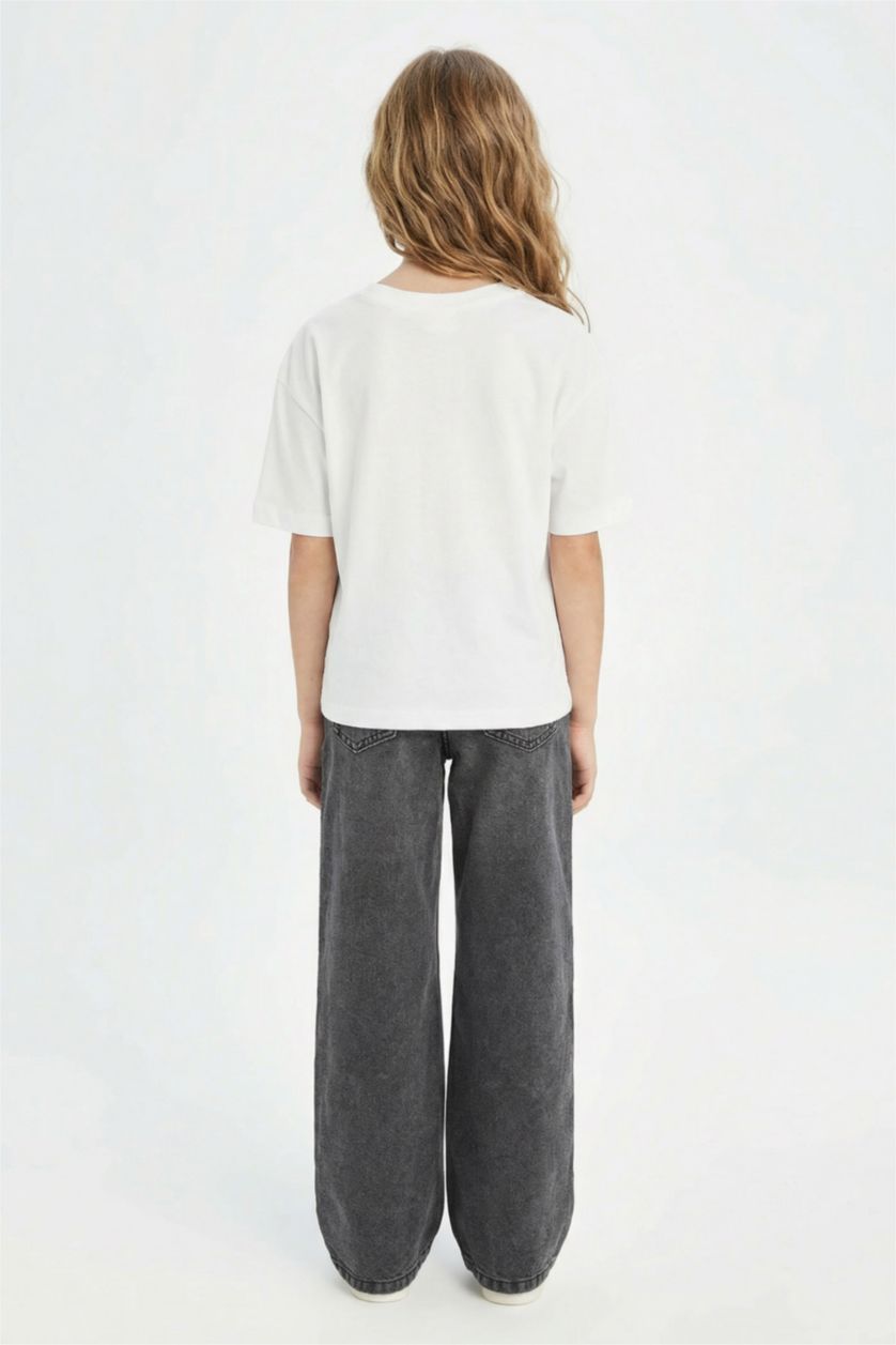 Kız Çocuk - Genç Kız Antrasit Kız Çocuk Wide Leg Jean Pantolon Yırtık Detaylı Geniş Bol Paça Cepli Antrasit