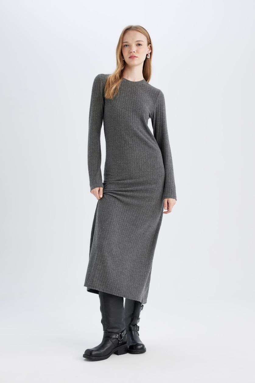 WOMAN Anthracite Bodycon Crew Neck Basic Long Sleeve Maxi Dress