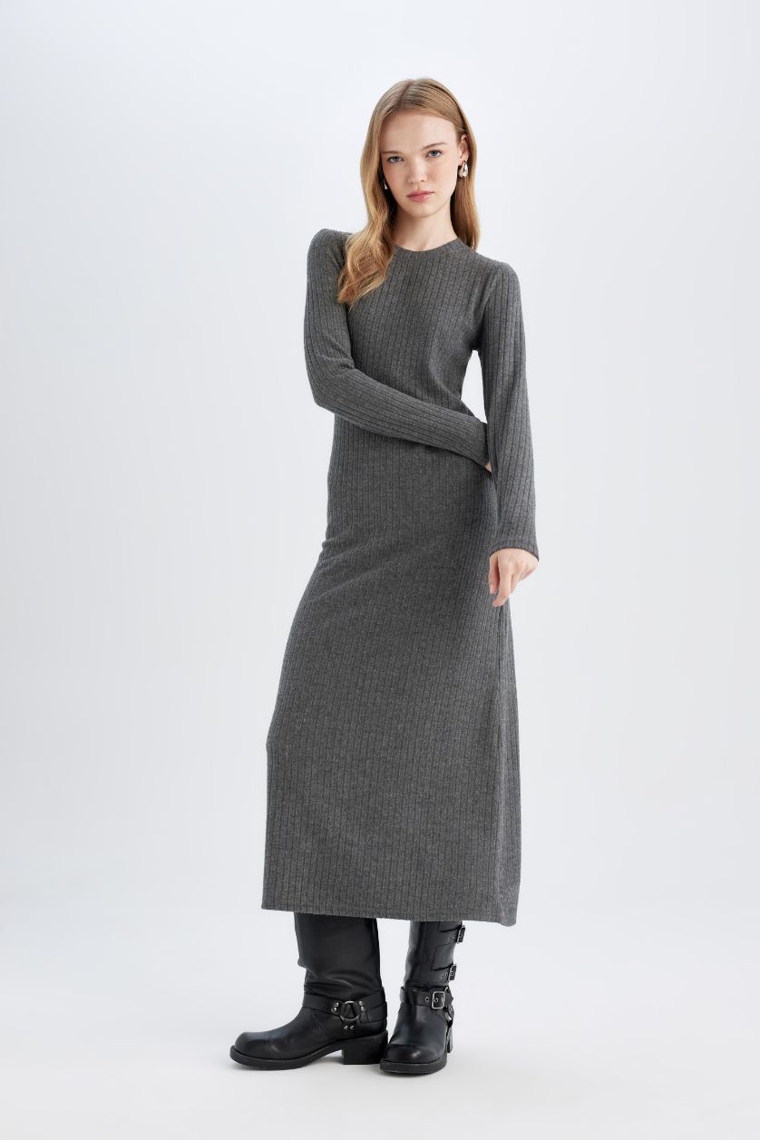 WOMAN Anthracite Bodycon Crew Neck Basic Long Sleeve Maxi Dress