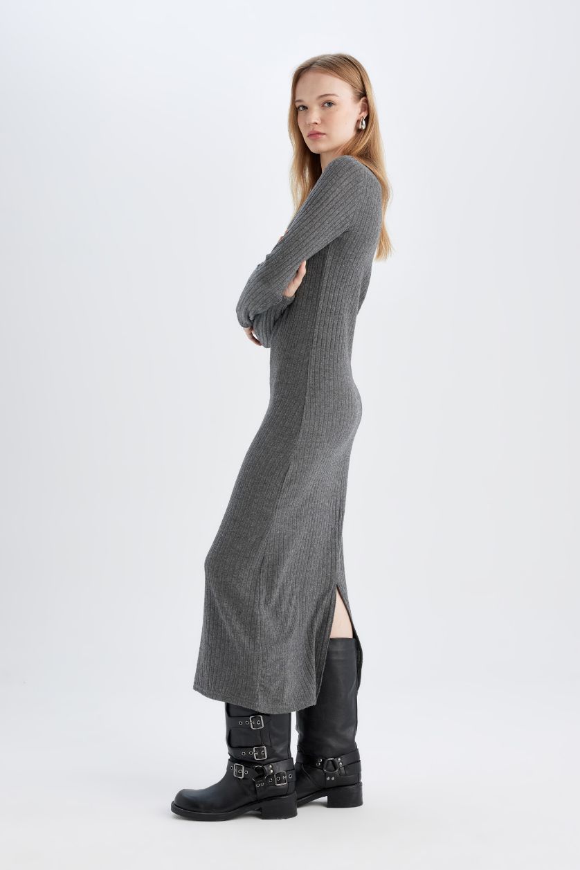 WOMAN Anthracite Bodycon Crew Neck Basic Long Sleeve Maxi Dress