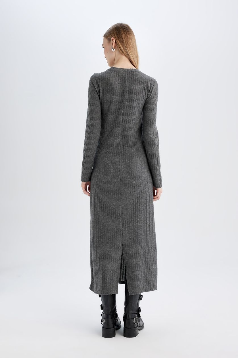 WOMAN Anthracite Bodycon Crew Neck Basic Long Sleeve Maxi Dress