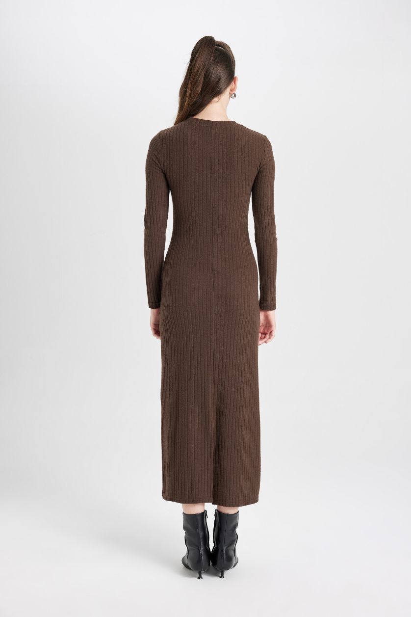 Әйелдерге Қоңыр тығыз көйлек с мойын ұзын жеңді Ұзын жеңді трикотаж көйлек