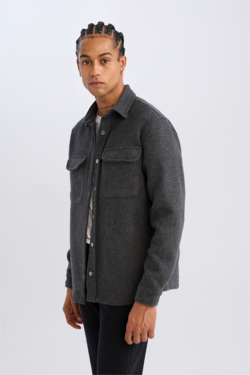 Erkek Antrasit Polo Yaka Düz Uzun Kollu Gömlek Ceket